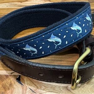 Vineyard Vines Blue Fish Pattern Belt with Gold Buckle
